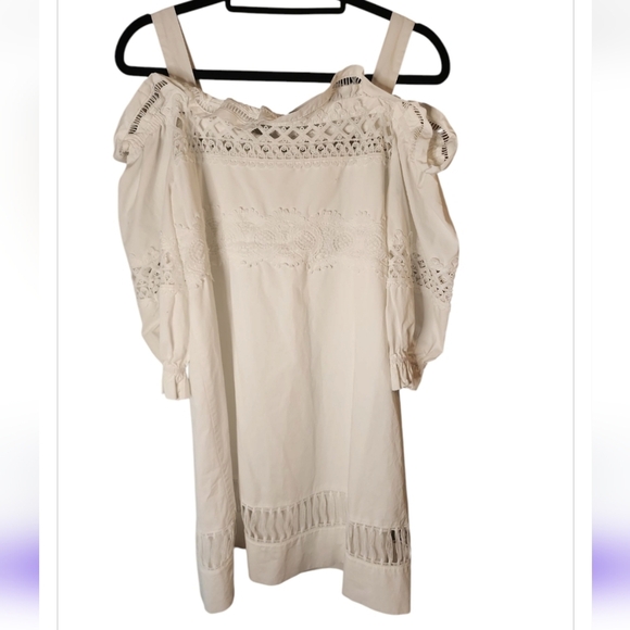 Ina Anthropologie Dress White Off Shoulder Embroidered Med Coastal Cottage Core - Picture 11 of 13